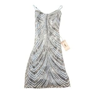 ODIZLI Dress Womens XS Blue Sequin Chevron Bodycon Mini Mermaid Party Cocktail